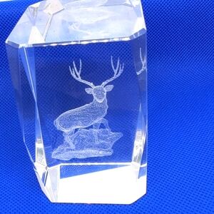 🦌Genuine Lead Crystal Glass Cube Statue Of Buck Deer Engraved 3 D Clear